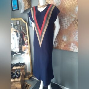 Vintage Navy Maxi Dress with Red and Gold Accents